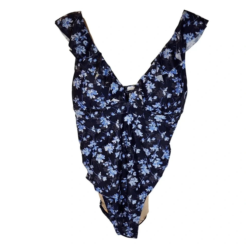 Motherhood Maternity Swimsuit Women Medium Navy Blue New Floral Ruffle 70483-41